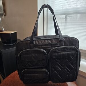 LUG Black Quilted Travel Tote Bag with Multiple Front Pockets